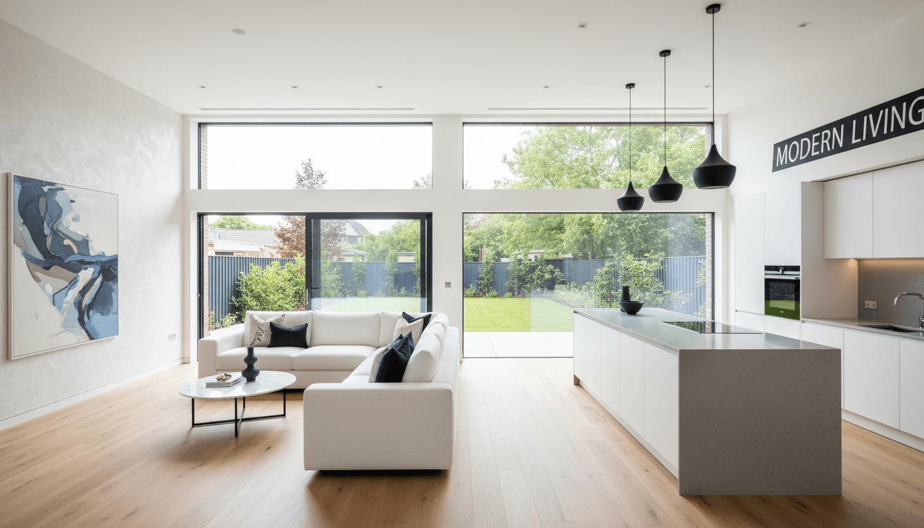 Bright, newly remodeled open-concept living area in a modern home