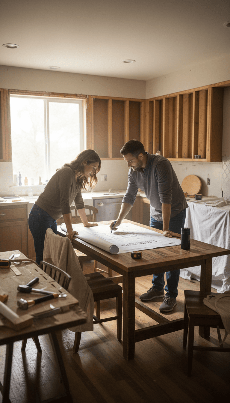 Contractor showing a homeowner a blueprint during a remodeling walkthrough