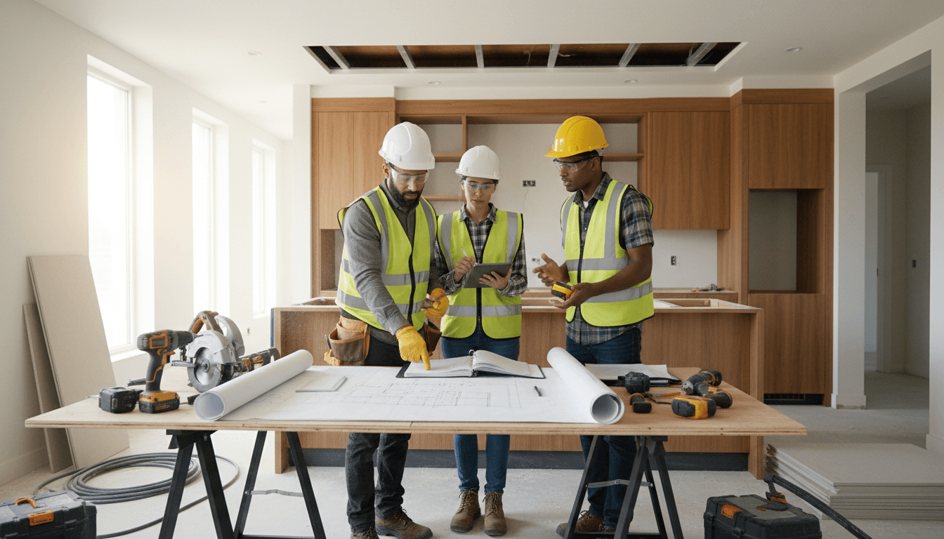 Contractor discussing remodeling plans with a couple in their living room