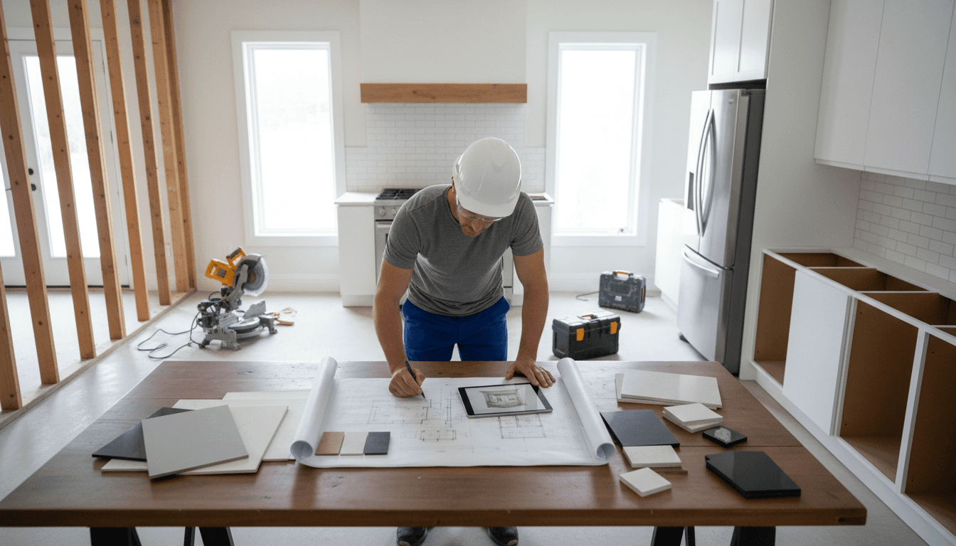 Contractor reviewing remodeling plans with homeowner in bright kitchen